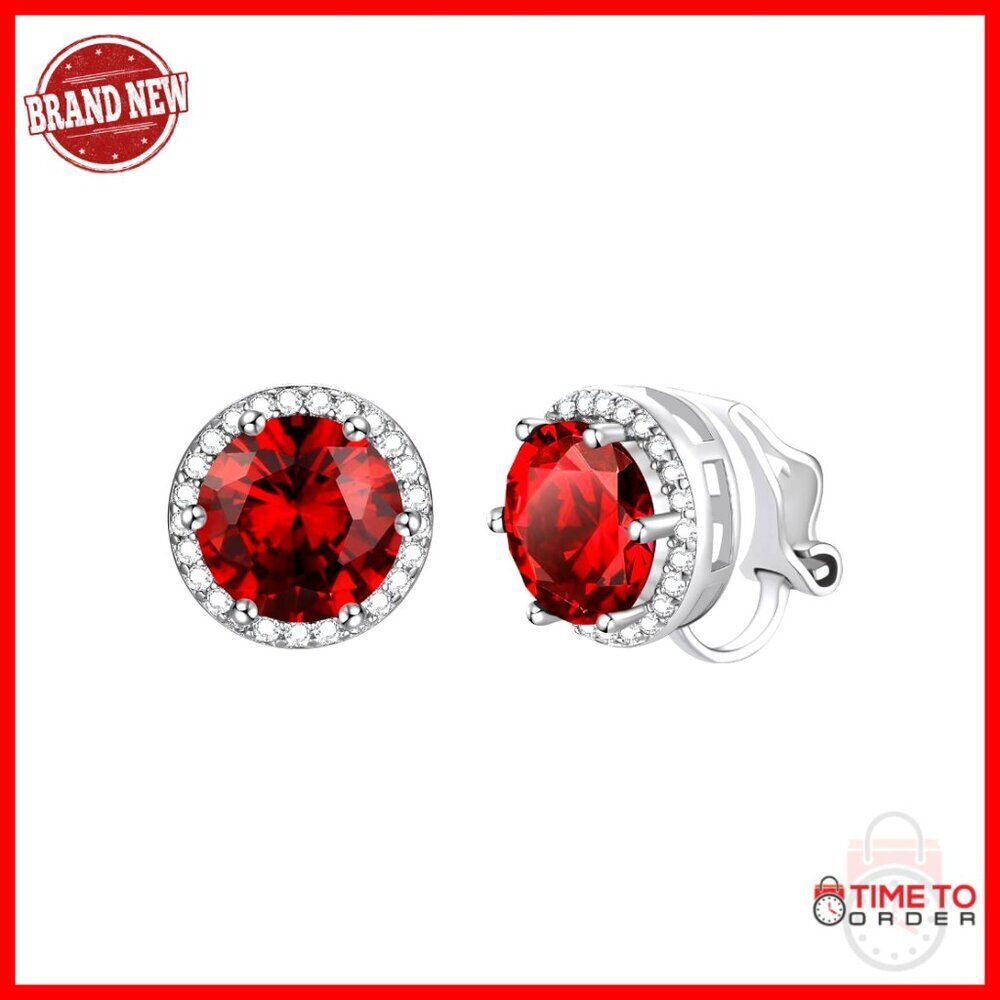 925 Sterling Silver Clip-On Stud Earrings with Cubic Zirconia Birthstones